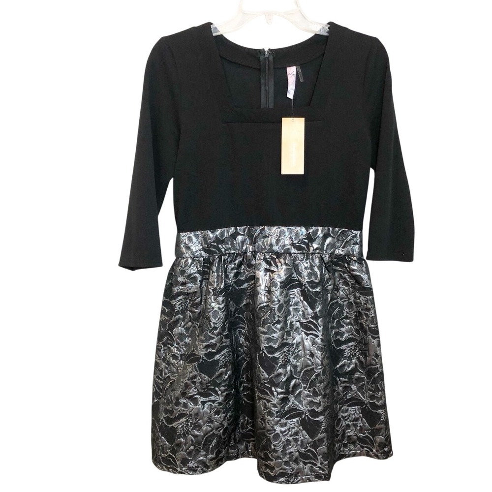 Alya Francesca's Collections Black Silver Metallic Brocade Fit Flare Dress NWT